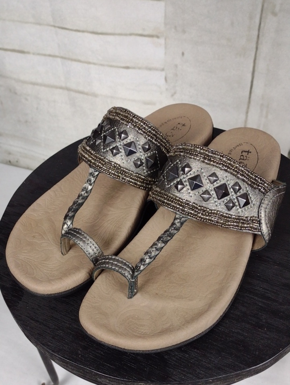 Taos Footwear Metallic Pewter Beaded Thong Sandals Size 9